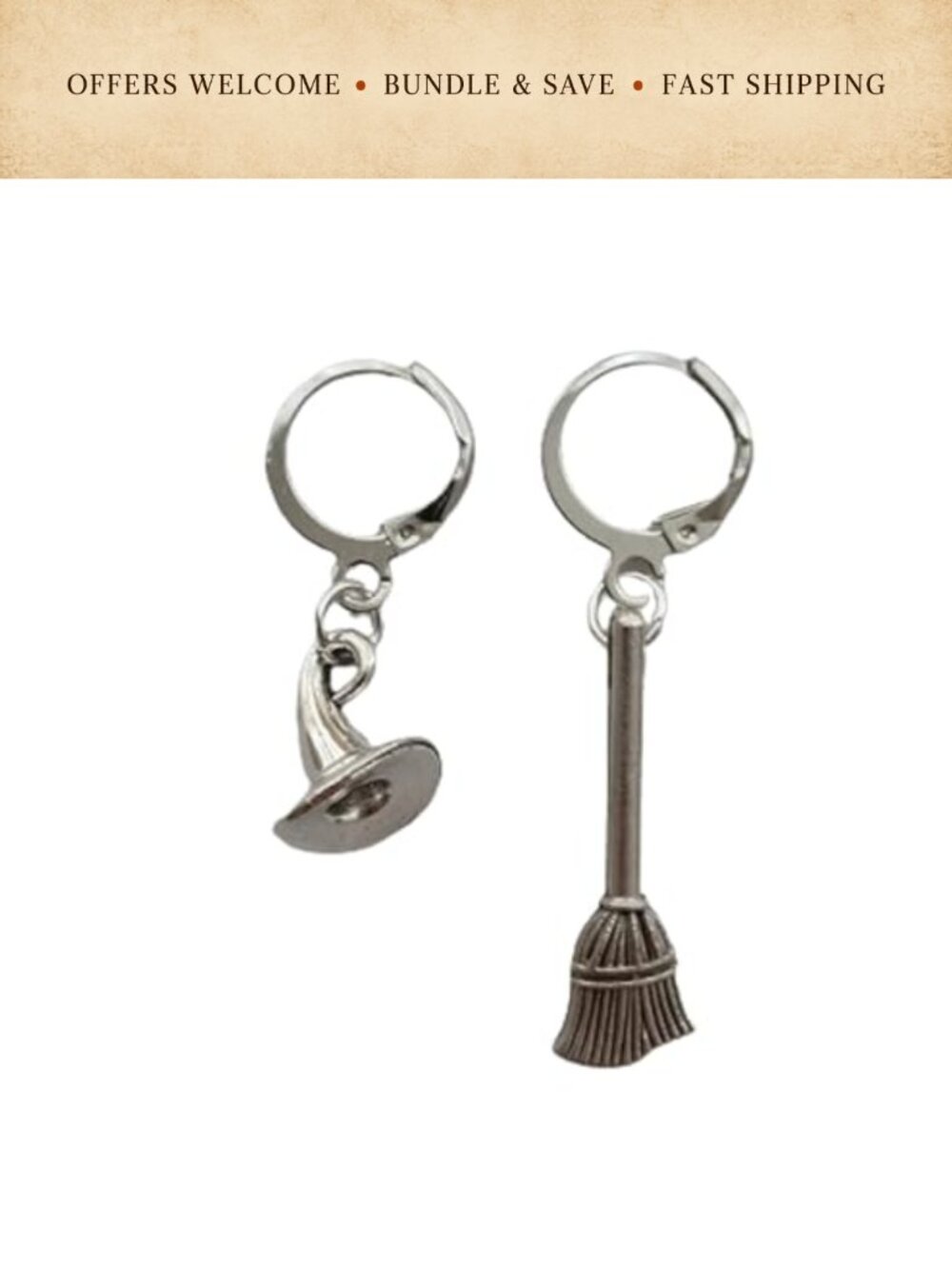 Mismatch Witch Hat Broom Earrings Lever Back Halloween Jewelry
